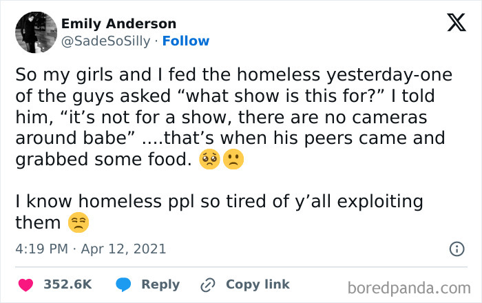 Tweet showing a woman’s story feeding homeless people and addressing skepticism from onlookers online group call out disbelief
