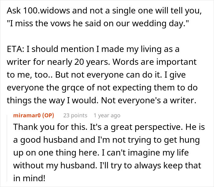 Text excerpt showing a discussion about groom’s vows and the emotional impact on his wife after learning how he wrote them. Text excerpt showing a discussion about groom’s vows and the emotional impact on his wife after learning how he wrote them.