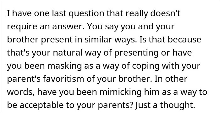Text discussing masking and coping with favoritism of autistic brother amid entitled parents&rsquo; behavior and family dynamics.