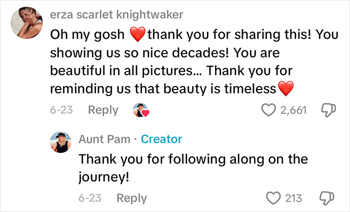 Comments exchange on a woman sharing her aging progress and facelift results at 70, highlighting timeless beauty.