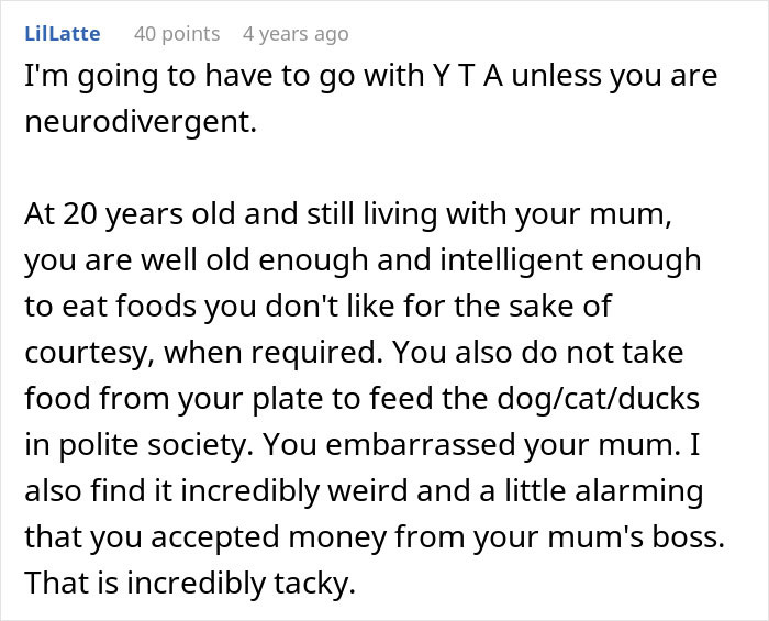 Screenshot of a discussion about a man picking at his food during dinner with mom’s boss and social etiquette concerns. Screenshot of a discussion about a man picking at his food during dinner with mom’s boss and social etiquette concerns.