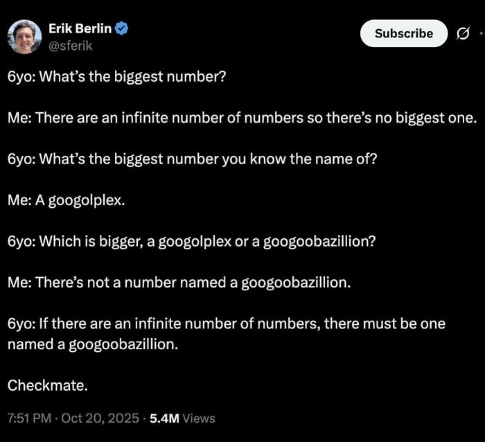 Hilarious educational memes showing a funny conversation about the biggest number between a parent and child.