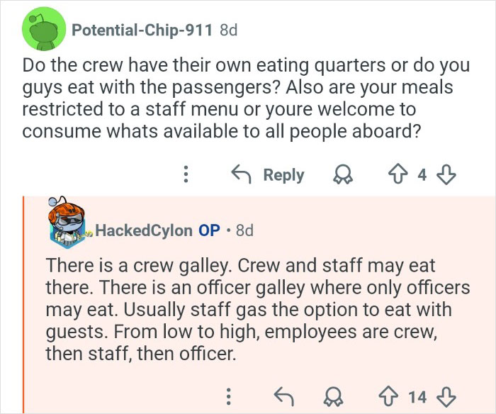 Cruise ship employees discuss crew meals, dining areas, and the behind the scenes look at their workplace hierarchy.