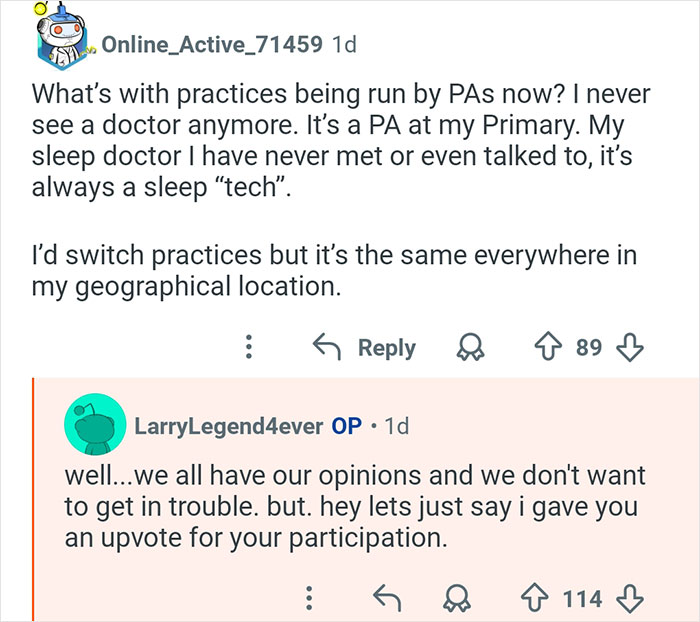 Reddit user discussing doctor and PA roles in medical practices during a doctors AMA session on the internet.