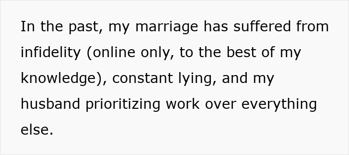 Text excerpt highlighting husband prioritizing work over family, causing marriage struggles with trust and lies. Text excerpt highlighting husband prioritizing work over family, causing marriage struggles with trust and lies.