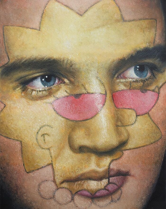 Close-up of a creepy painting by Tyler Tilley showing a distorted face with red glasses and surreal features.