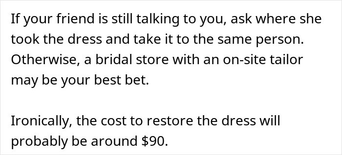 Text excerpt about restoring a borrowed dress altered without permission, mentioning a $90 cost estimate.