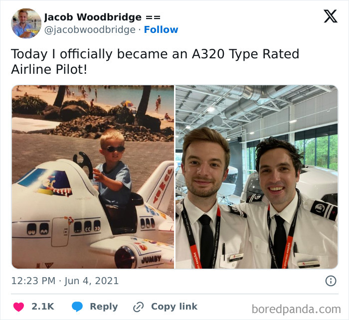 Child playing in toy airplane and grown man as an airline pilot showcasing dreams turned into reality and inspiring others.
