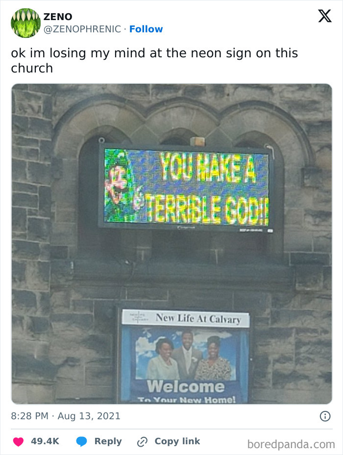 Neon church sign with a humorous message displayed outside New Life At Calvary welcoming visitors.