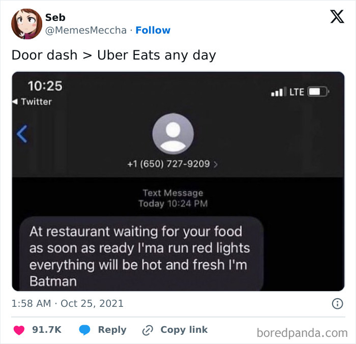Text message from delivery driver joking about running red lights to deliver hot and fresh food quickly for DoorDash.