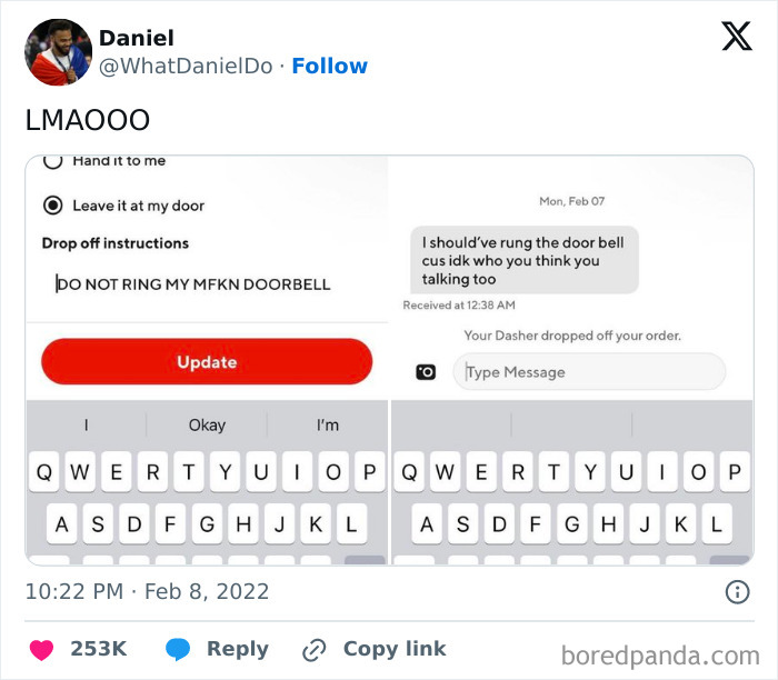 Screenshot of a funny message exchange between a delivery driver and customer about doorbell instructions.