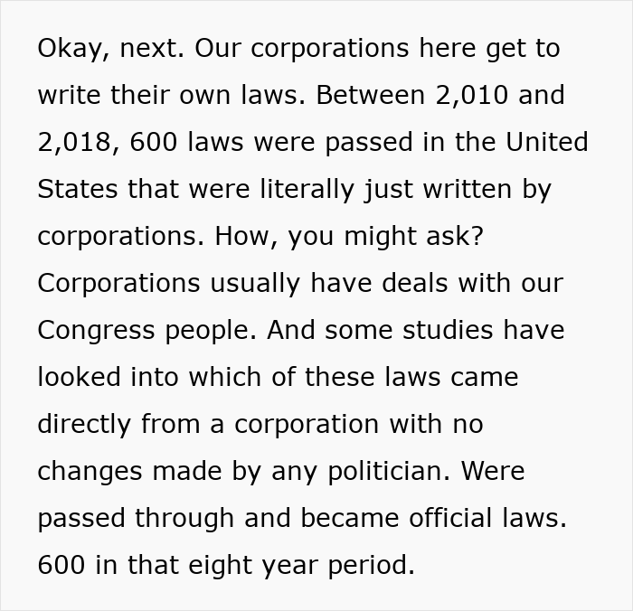 Text discussing corporations writing laws in the US and their deals with Congress related to paying for ambulance rides.