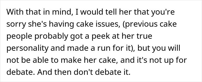 Text excerpt discussing bride&rsquo;s cake issues and refusing to make cake, reflecting bride wants to upgrade honeymoon conflict.