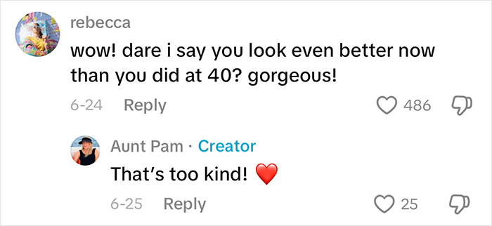User comments on a woman sharing her aging progress and how she looks after getting a facelift at 70 years old.