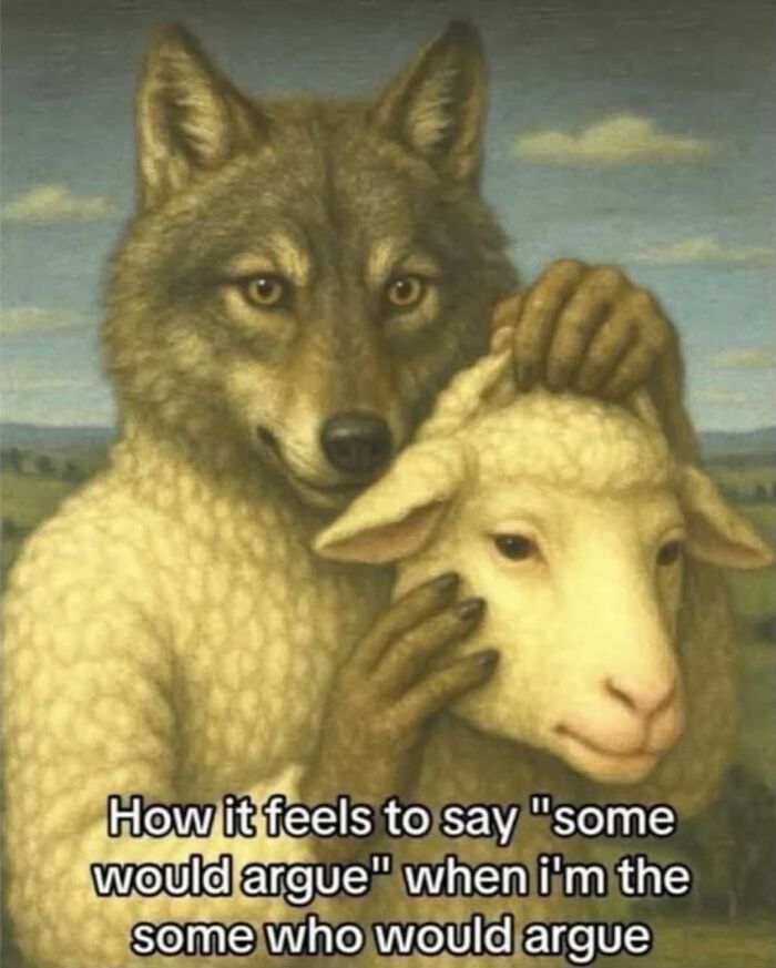 Wolf in sheep's clothing holding a sheep mask with text about arguing, a humorous educational memes concept.