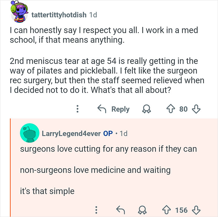 Reddit user discusses meniscus tear and surgery insights in a medical Q&A with multiple doctors online.