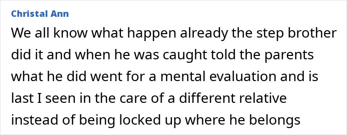 Comment by Christal Ann discussing the stepbrother&rsquo;s mental evaluation and family care in the cruise bed case.