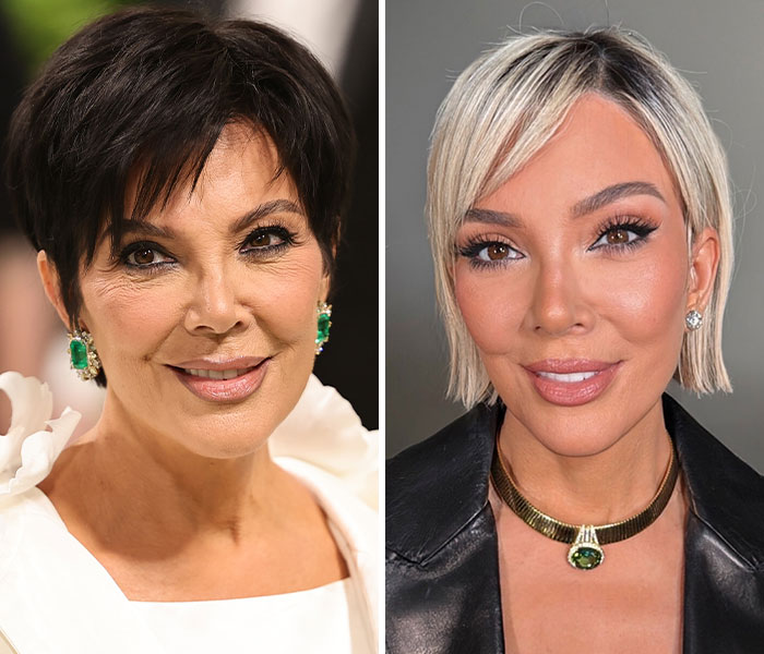 Side-by-side celebrity transformation showing dramatic hairstyle and makeup changes, highlighting famous looks in 2025 trends.