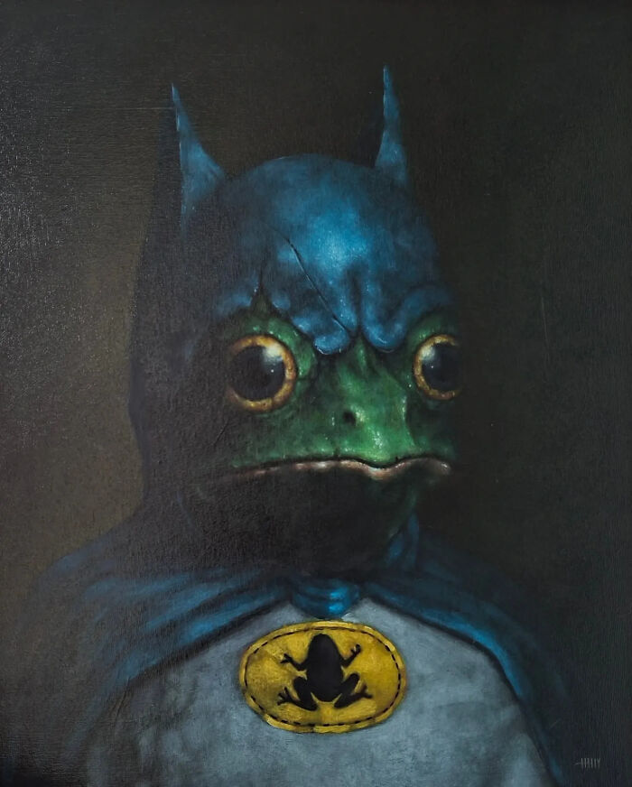 Creepy painting of a frog-like character wearing a dark blue bat-inspired costume by Tyler Tilley.
