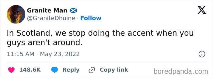 Tweet from Granite Man humorously about Scottish accent disappearing when others aren’t around, showcasing Scottish posts.