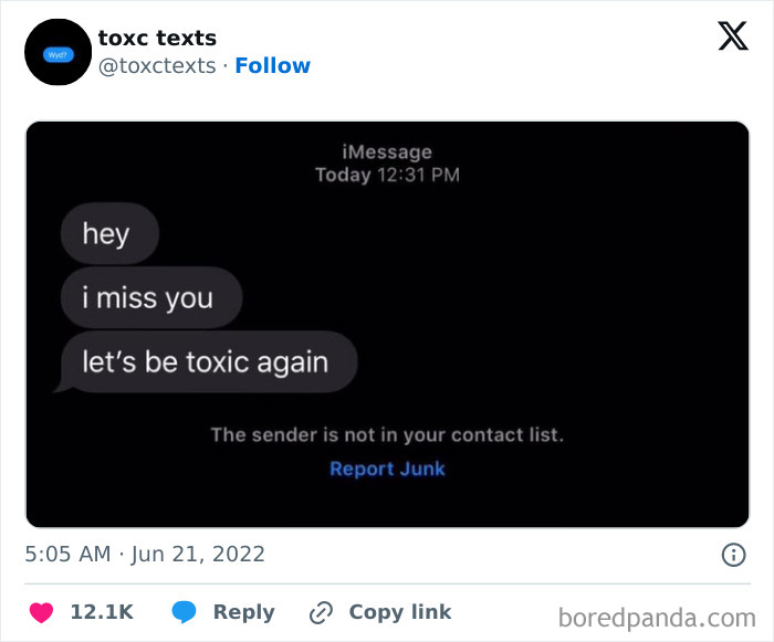 Screenshot of a toxic text conversation with a message saying let’s be toxic again from an unknown sender.
