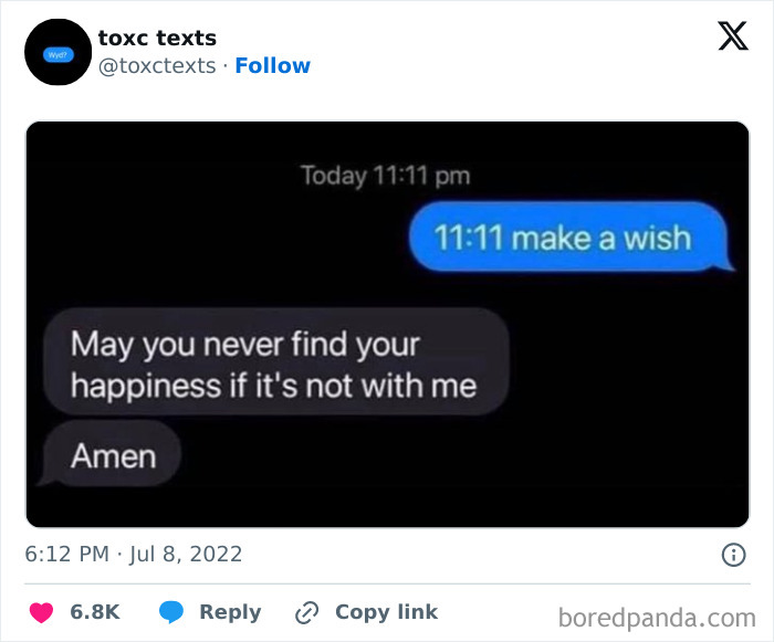 Screenshot of toxic texts conversation with a funny but harsh message about happiness and wishes at 11:11 pm.