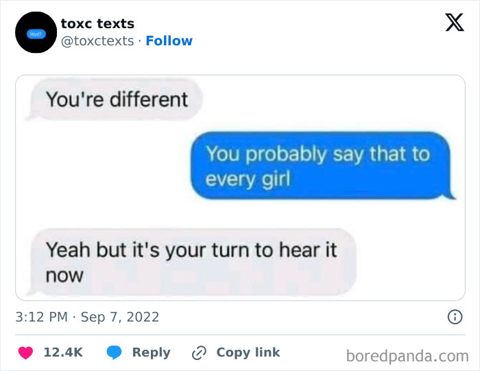 Screenshot of toxic but funny text exchange where one person says you're different and the other responds with a witty comeback.