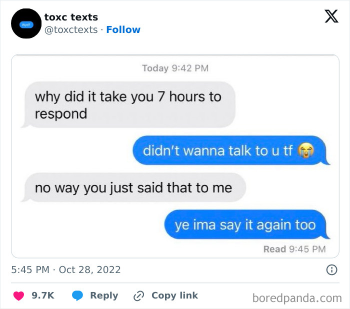 Screenshot of toxic and funny text exchange with delayed response and blunt messages between two people.