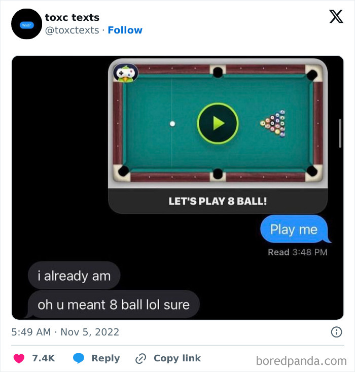 Screenshot of a toxic and funny text conversation about playing 8 ball pool game, showcasing humorous digital interaction.