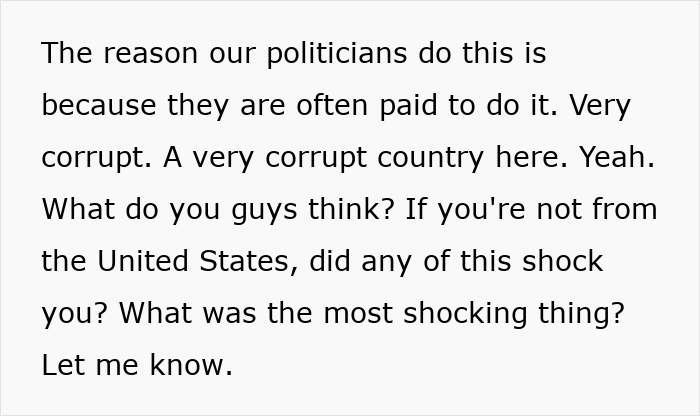 Text discussing political corruption in the United States and asking about reactions to paying for ambulance rides.