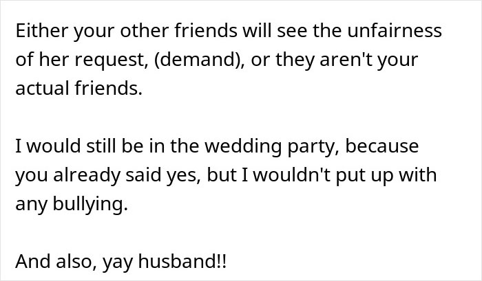 Text discussing a bride wanting to upgrade her honeymoon at her bridesmaid&rsquo;s expense and facing a reality check.