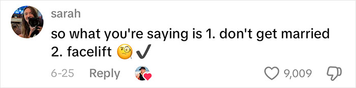 Comment from Sarah about facelift with emoji, highlighting aging progress and facelift benefits at 70 years old.