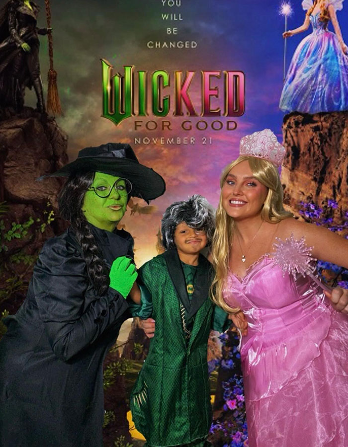 Family dressed in creative Halloween costumes inspired by the movie Wicked, showcasing top celebrity Halloween costume ideas.