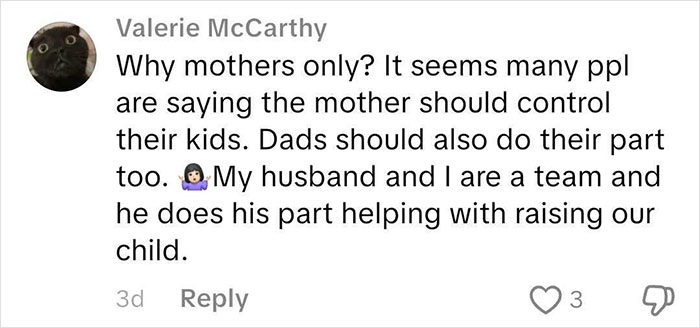 Screenshot of a comment discussing parents' roles in controlling kids, related to frequent traveler flight experience issues.