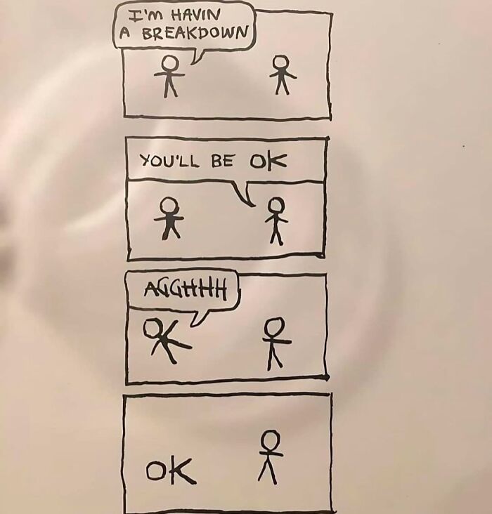 Simple hand-drawn meme comic with two stick figures, showing a funny breakdown and recovery moment from random funny memes.