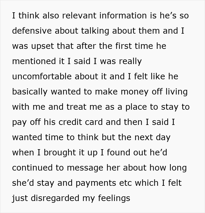 Text discussing a girlfriend feeling uneasy about her boyfriend&rsquo;s plans and sleeping arrangements with a newly single friend.