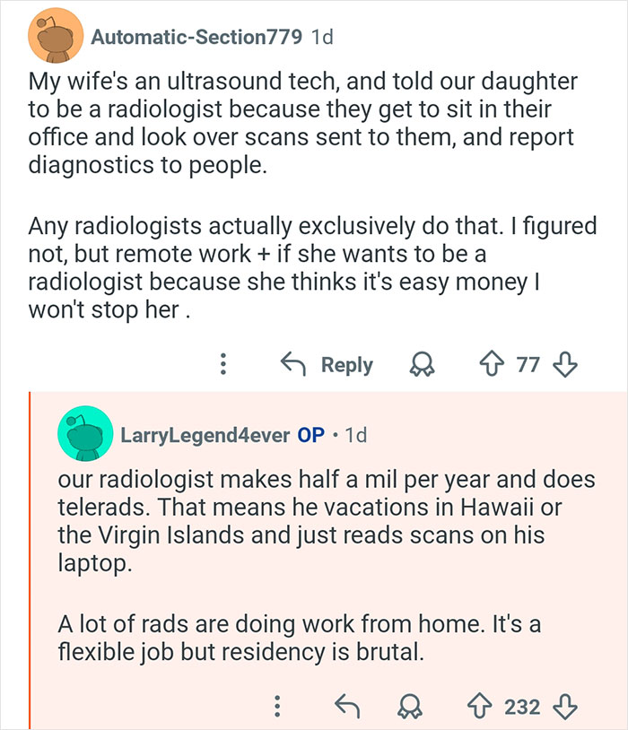 Reddit conversation about radiologists doing remote work, discussing flexible jobs and residency challenges in medicine.