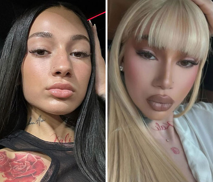 Side-by-side images showing a celebrity's dramatic transformations featuring makeup and hair changes in 2025.