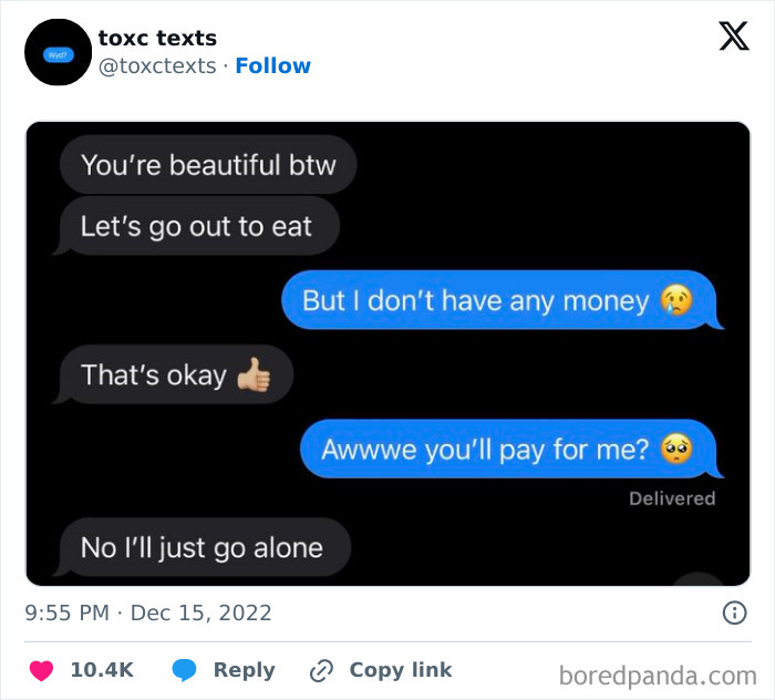 Screenshot of toxic but funny text exchange where one person cancels dinner plans after offering to pay.