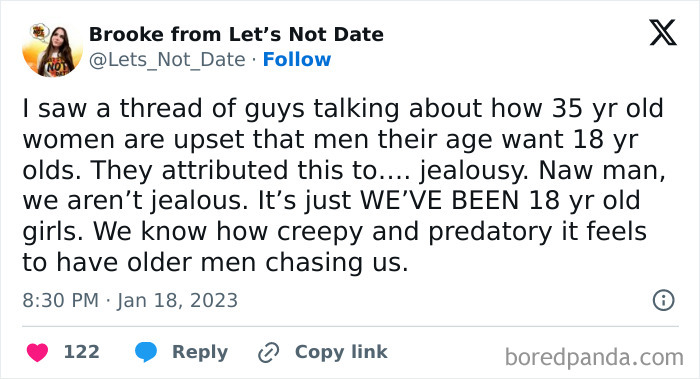 Tweet discussing cringe-worthy takes on women, highlighting frustrations about age and predatory behavior from older men.