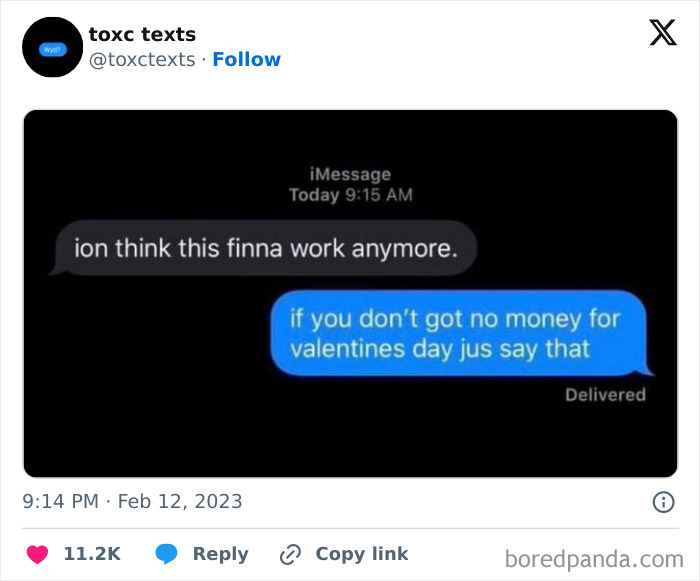 Screenshot of a toxic text conversation with funny messages about relationship doubts and Valentine's Day money concerns.