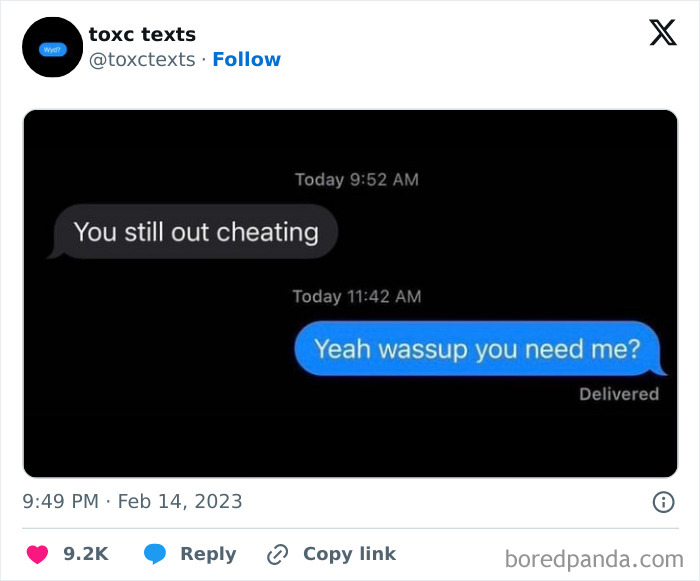 Screenshot of toxic but funny texts showing a direct message accusing cheating and a casual reply.