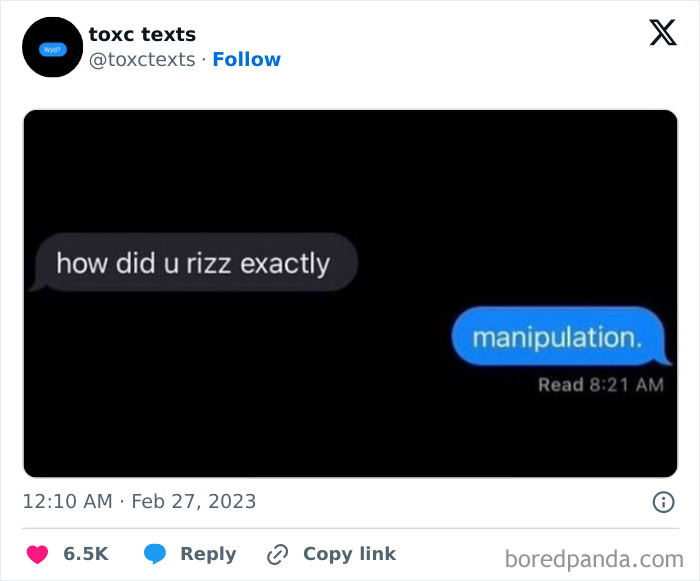 Screenshot of a toxic but funny text conversation showing a question about rizz and a reply saying manipulation.