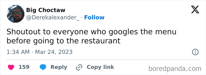 Tweet from Big Choctaw humorously giving a shoutout to people who google restaurant menus, a funny meme to scroll.