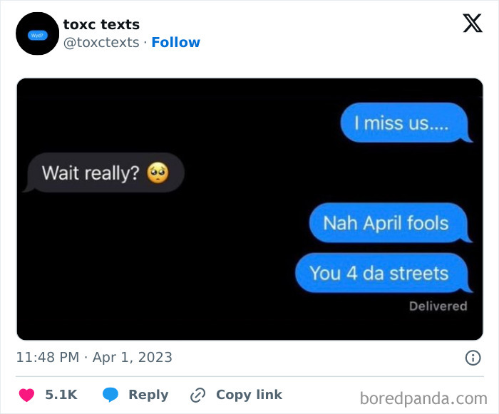 Screenshot of toxic texts conversation with a funny April Fools message causing confusion and surprise.