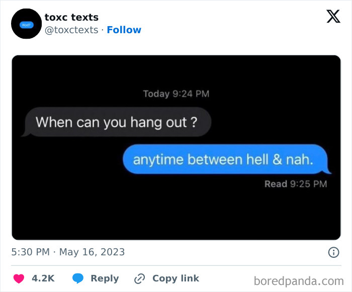 Screenshot of a toxic but funny text message exchange showing witty and sarcastic chat replies on a dark background.