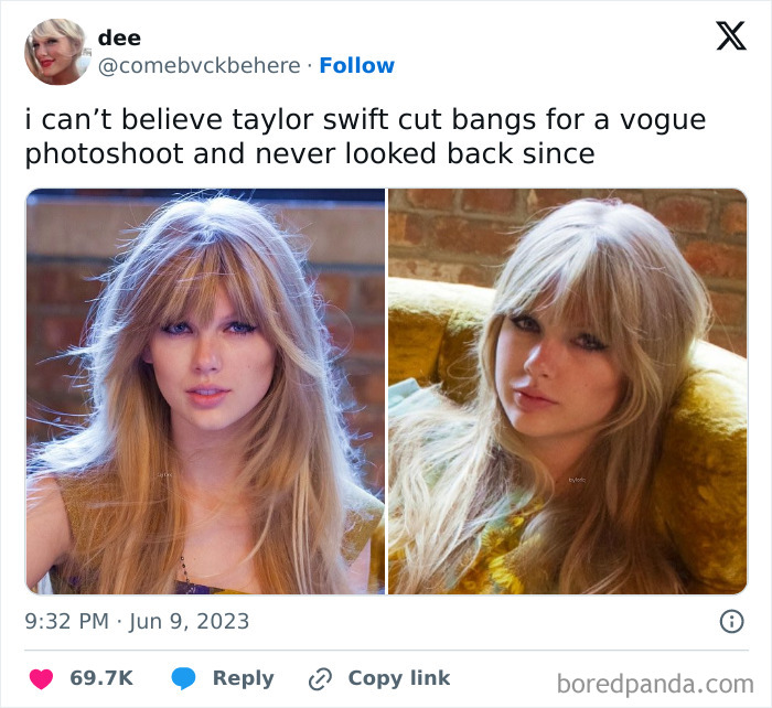 Taylor Swift with cut bangs in a Vogue photoshoot, showcasing makeup, fashion, and diva life style inspiration.