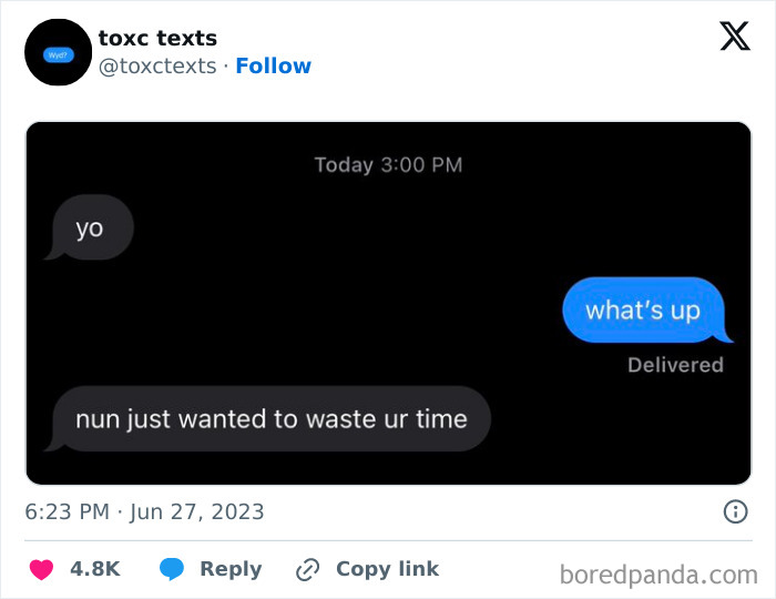 Screenshot of a toxic text conversation showing funny and toxic messages exchanged between two people.