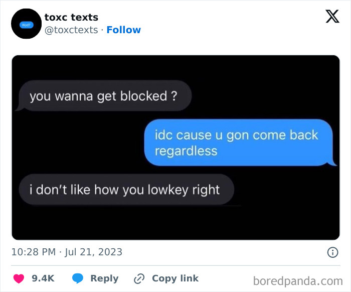 Screenshot of toxic texts showing a sarcastic conversation with funny and toxic messages exchanged between two people.