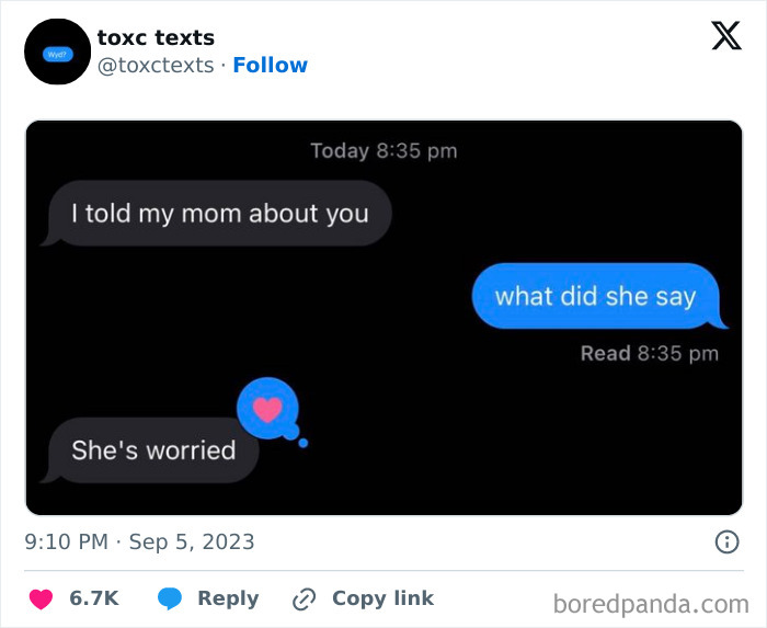 Toxic and funny text message exchange showing a worried response after telling mom about someone in a dark chat interface.
